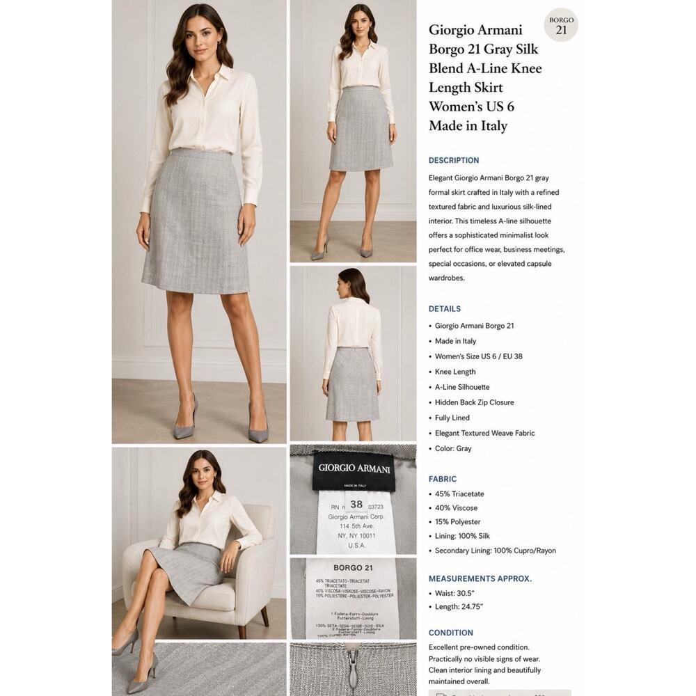 Giorgio Armani Borgo 21 Gray Silk Blend A-Line Knee Length Skirt Women’s US 6